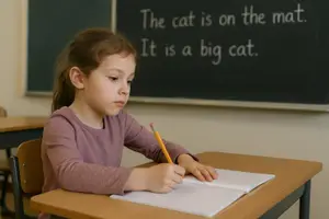 A girl sitting at a desk writing in a notebook