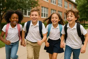 Four children wearing white shirts and backpacks are running and smiling in front of a school building.