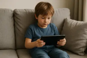 A young boy is sitting on a couch holding a tablet while looking at the screen.