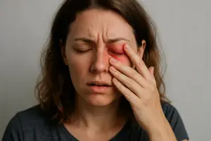 A woman with a red and swollen eye is holding her face in pain.