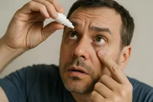 A man puts eye drops in his eyes while holding his eye open with his finger