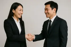 A man and a woman in business suits are shaking hands and smiling in a photo.