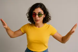 A woman wearing a yellow shirt and colorful sunglasses poses with her arms outstretched against a white background.