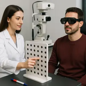 A woman in a white lab coat is pointing at a board with dots while a man wearing sunglasses is sitting and smiling.
