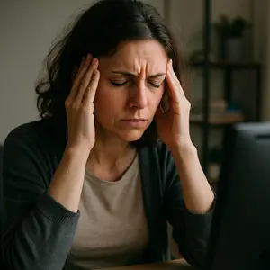 A woman is sitting at a desk, holding her head with both hands, and looking at a monitor. She seems to be in pain and is looking at the monitor, probably looking for something to help her. She is wearing a long-sleeved shirt and has long, curly hair. Behind her is a shelf with a potted plant and some books on it.
