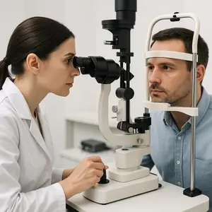 A woman is examining a man's eyes using an ophthalmoscope in a clinic.