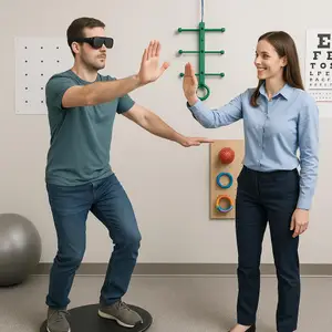 a man in sunglasses standing on a balance board with a woman in a blue shirt looking at him