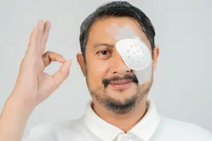 A man with a bandage on his eye is gesturing with his hand