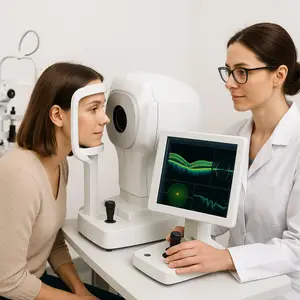 A woman is having her eyes examined by an optometrist using an OCT machine.