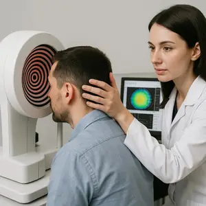 A man is getting his eyes examined by a woman wearing a white coat in an optical clinic.