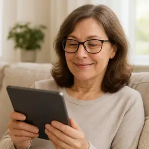 An elderly woman wearing glasses is sitting on a couch, smiling and holding a tablet.