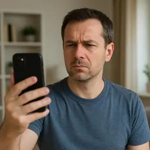 A man looking at his phone with a confused expression