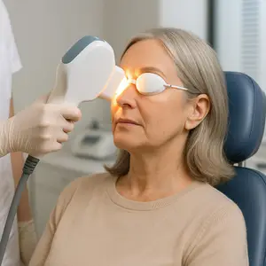 A woman is undergoing a laser treatment for her eyes at a clinic.