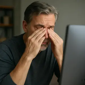 Man experiencing a headache while sitting in front of a laptop
