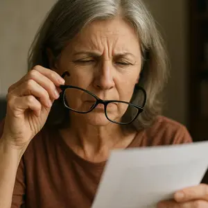 A woman wearing glasses is holding a piece of paper with her left hand and reading it. She is frowning and looking at the paper. She has gray hair and is wearing a brown shirt. She is holding her glasses with her right hand. She is probably sitting on a couch in a room with a blurry background. There is a blurry object on the right side of the image.