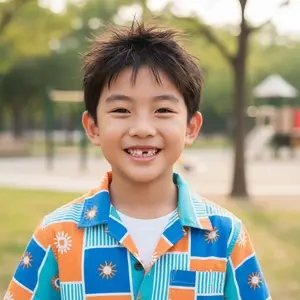 A young boy wearing a blue and orange Hawaiian shirt is smiling and standing in a park with a playground in the background.
