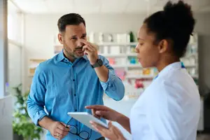 A man in a blue shirt is talking to a woman in a white shirt inside a pharmacy.