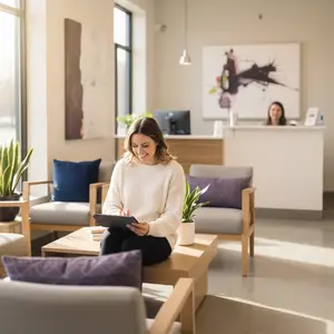 A woman sitting in a chair in a dental office and smiling while using a tablet.