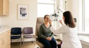 An older woman is having her eyes checked by a woman in a white coat at an eye doctor's office.