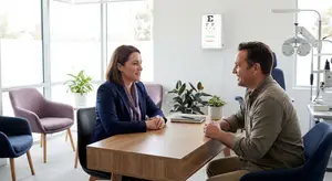 A man is sitting on a chair in an eye doctor's office, having a conversation with a woman who is sitting in front of him. The woman is smiling and the man is looking at her with a smile on his face. There is a desk between them with a book and a pen on it. There is an eye chart on the wall behind them and a potted plant and chair on the left side of the image.