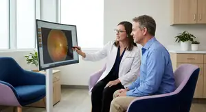 A doctor is showing a patient an eye exam on a monitor in a medical office.