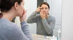 a 45 year old putting a contact lens in her eye looking in a mirror