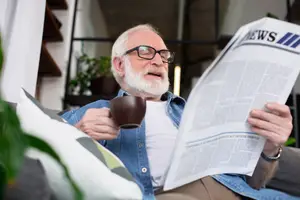 An elderly man in a blue shirt reads a newspaper while sitting on a couch in a living room with a plant and a shelf in the background.
