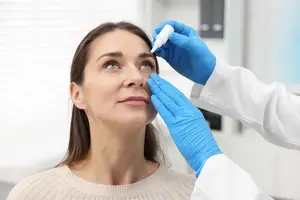 A woman is having her eyes checked by a doctor in a clinic.
