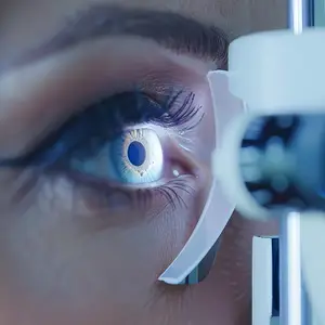 Close-up of a woman's eye being examined with an eye test machine