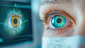 A person's eyes are being examined by a doctor using a medical device