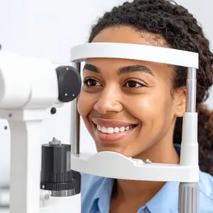 A smiling woman with curly hair is having an eye exam in a clinic or hospital with a white eye chart and an eye exam machine.