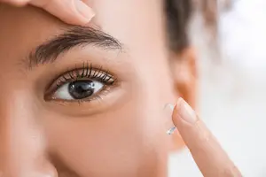 A woman is adjusting her contact lens in her right eye while looking at the camera and touching her eyebrow with her left hand.