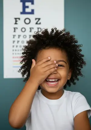 A young girl with curly hair smiles and covers her eyes while standing in front of an eye chart.