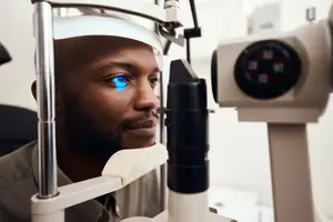 A man is having his eyes examined by an eye doctor using a medical instrument
