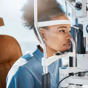 Woman with curly hair using an optometrist's instrument to check her eyes.