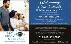 24/7 Vision & Eye Care advertisement featuring a family visiting the optometrist, with a phone number and services offered.