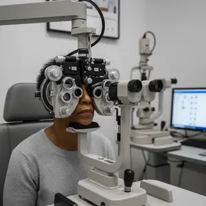 A woman is having her eyes examined by an optometrist.