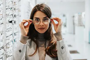 A woman is trying on glasses in a shop