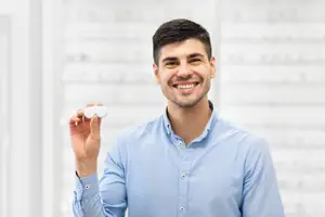 A smiling man holds up two white contact lenses in his hand