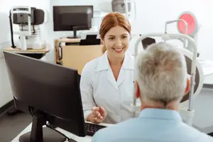A woman in a white coat smiles at a man in a blue shirt in an eye clinic setting.