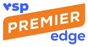 VSP Premier Edge logo featuring a stylized 'VSP' in white and blue with 'Premier Edge' in white below it on an orange background