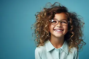 A smiling girl with curly hair and glasses
