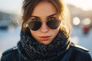 A woman with brown hair and a black jacket is standing outside, wearing sunglasses and a scarf. The woman is smiling and posing for a photo. Behind her, there is a blurry view of the surroundings. The sky is clear, and the sun is shining brightly. The surroundings are somewhat blurry, with some parts of the photo being out of focus.