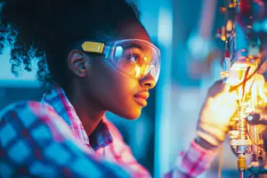 A woman in a Raleigh laboratory wearing goggles and a plaid shirt is working on a machine