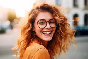 A woman with curly hair and glasses is smiling and seems to be posing for a photo on a street.