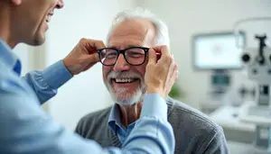 An elderly man is adjusting his glasses at a Raleigh eye clinic with a smiling face