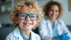 A boy in a lab coat and glasses is smiling, and a woman in a lab coat and gloves is standing behind him, possibly in a laboratory.