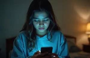 A girl sitting on a bed while looking at her phone