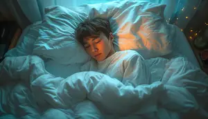 A boy sleeping peacefully on a bed with a white pillow and blanket