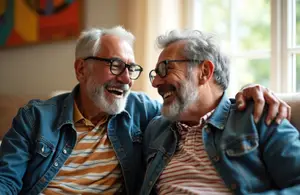 Two older men sitting on a couch, smiling and looking at each other, possibly in a living room with a painting on the wall and sunlight coming from the window.